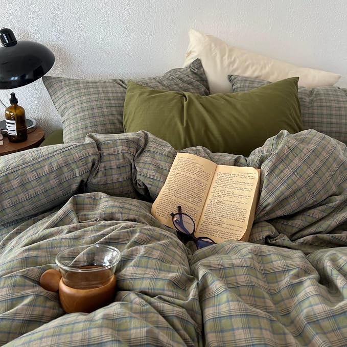 mixinni Vintage Green Buffalo Plaid Duvet Cover Set Twin XL - 3 Piece Mid-Century Washed Cotton Bedding Set with Grid Pattern, Ultra Soft & Breathable Duvet Cover with Pillowcases for All Seasons