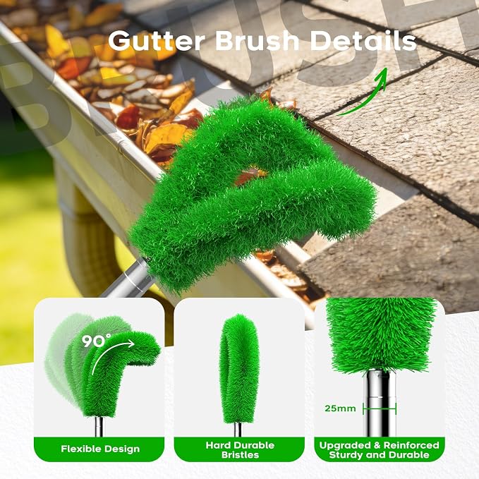 13ft Gutter Cleaning Tools From the Ground, No Ladder Needed, 3-in-1 Gutter Cleaner Pole with Replaceable Brush Rake Scoop, 180° Adjustable Angle for Leaves & Debris Cleaning with Grip Tapes, Green