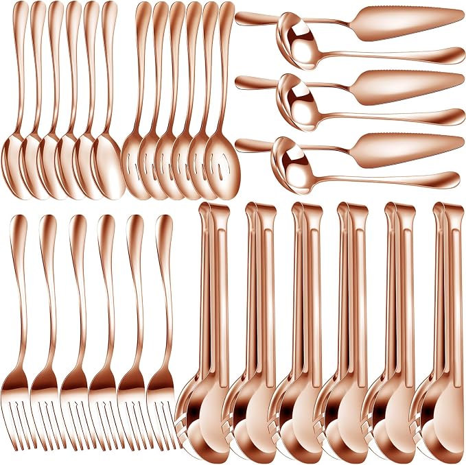 Thenshop 30 Pcs Serving Utensils Set Stainless Steel Flatware Serving Set Include Large Spoons Slotted Spoons Forks Soup Ladle Pie Server and Tongs for Buffet Catering Party Restaurant(Rose Gold)