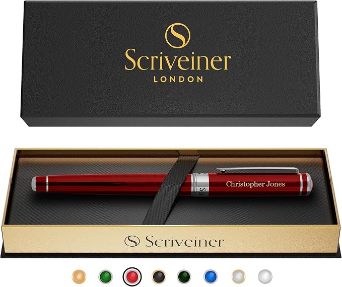 Scriveiner Personalized Deep Crimson Red Rollerball Pen - Stunning Red Lacquer Luxury Pen with Chrome Finish, Schmidt Ink Refill, Engraved Roller Ball Gift Set for Men & Women, Custom Name Engraving