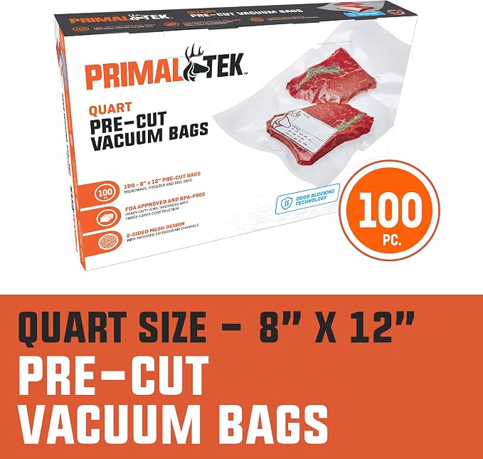 8” x 12” Pre-Cut Vacuum Bags – 100 Quart Bags for Food Preservation – BPA-Free Vacuum Sealer Bags, Microwave, Freezer and Boil Safe, Compatible with any Vacuum Sealer Machine