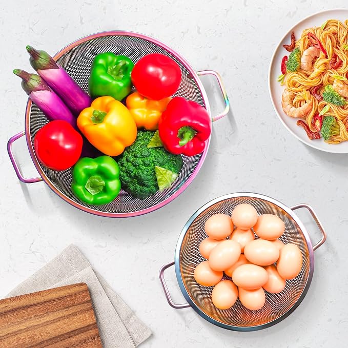 Rainbow Strainer for Kitchen, 3QT, Stainless Steel Colander with Handle for Fruits Vegetables Cooking Food, Dishwasher Safe