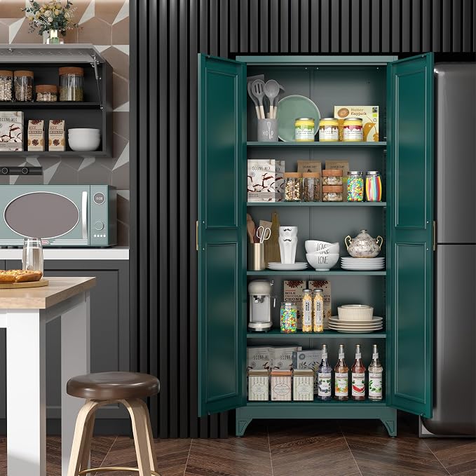 SteeLoong 75”Metal Pantry Storage Cabinet with Doors & 4 Adjustable Shelves | Kitchen Pantry Cabinet,Green Kitchen Cabinet with 2 Gold Handles,Tall Cabinet for Livingroom,Pantry, Bathroom,Kitchen,Garage