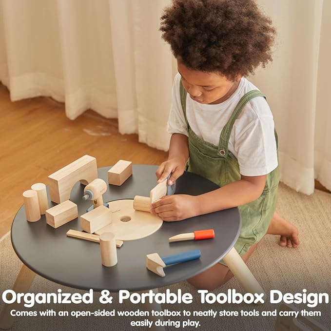 PlanToys® Wooden Handy Carpenter Set Montessori Practical Life Kids Play | hammer, screwdriver, wrench, kids tool set, girls, boys, imaginative fine motor construction learning gift preschool fun