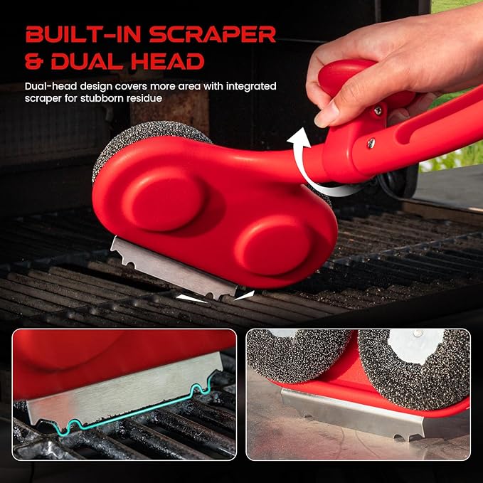 Bristle Free Grill Brush with Scraper, Upgraded 19-Inch Steam Grill Cleaner with Dual-Head Working Simultaneously for Efficient Cleaning for Gas, Charcoal, Electric and Kettle Grills