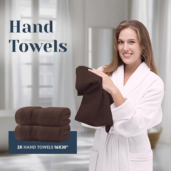 White Classic Luxury Bath Towel Set of 8 Pieces - 100% Turkish Cotton Highly Absorbent Towels for Bathroom, 2 Luxury Bath Towels 700GSM, 2 Hand Towels, 4 Washcloths, Brown