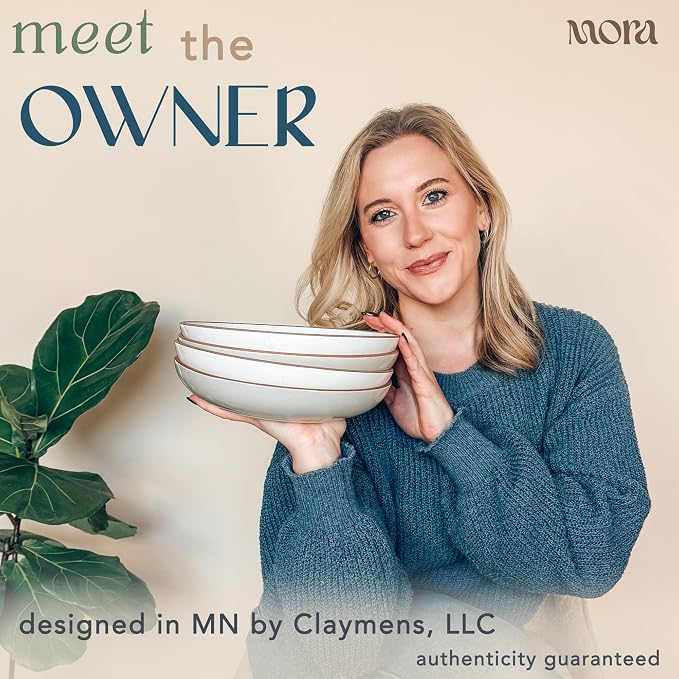 Mora Ceramic Large Pasta Bowls 30oz, Set of 4 - Serving, Salad, Dinner, etc Plate/Wide Bowl - Microwave, Oven, Dishwasher Safe Kitchen Dinnerware - Modern Porcelain Stoneware Dishes, Vanilla & Grey