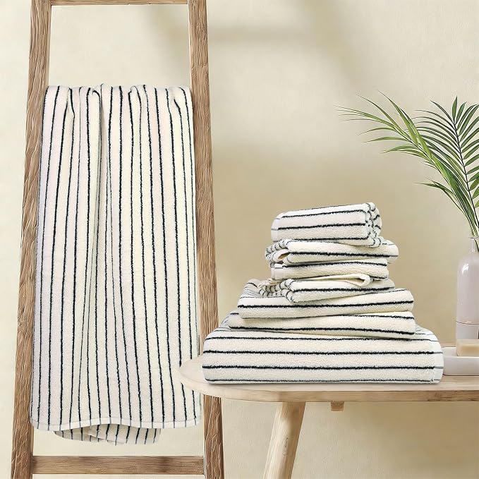 8 Piece Black and Ivory Towel Set, Super Soft & Absorbent Cotton Striped | Towels for Bathroom Decor, 2 Bath, 2 Hand, 4 Washcloths