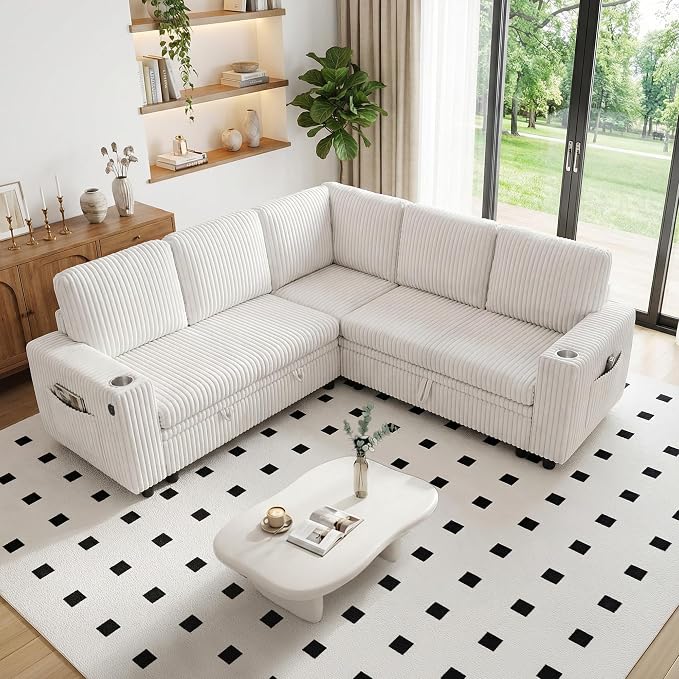 L Shaped Sectional Sleeper Sofa, Pull Out Couch with Storage, Beige | Pull Out Bed, 5 Seat Modular Design, Soft Corduroy Fabric, USB Charging, Cup Holders, Removable Covers, Easy Assembly