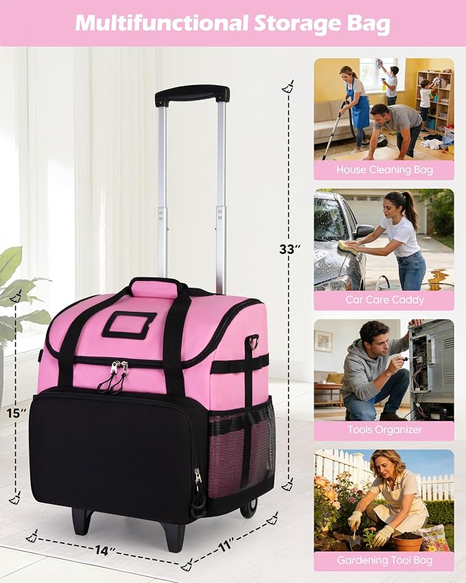 Marscamd Large Rolling Cleaning Caddy Bag with Detachable Trolley, Cleaning Supplies Organizer with Wheels for Housekeepers, Pink