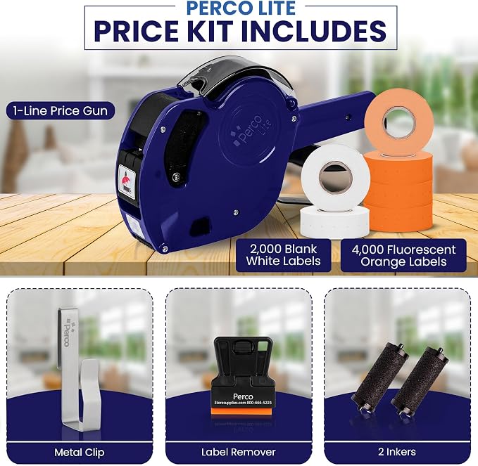 Perco Lite 1 Line Price Gun Kit for Retail Business – Includes 2 White Rolls, 4 Fluorescent Orange Rolls, Gun Clip & Ink Rollers – Pre-Loaded Pricing Gun w Labels & Ink