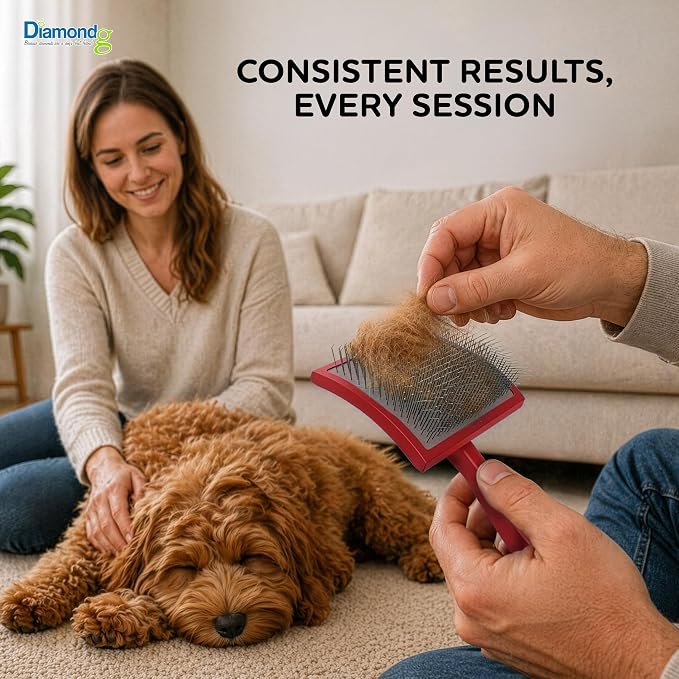 Diamondg Pet Slicker Brush for Dogs & Cats – Professional Grooming Brush for Shedding, Detangling & Coat Maintenance, Gentle Fine Wire Pins, Ergonomic Handle, Red