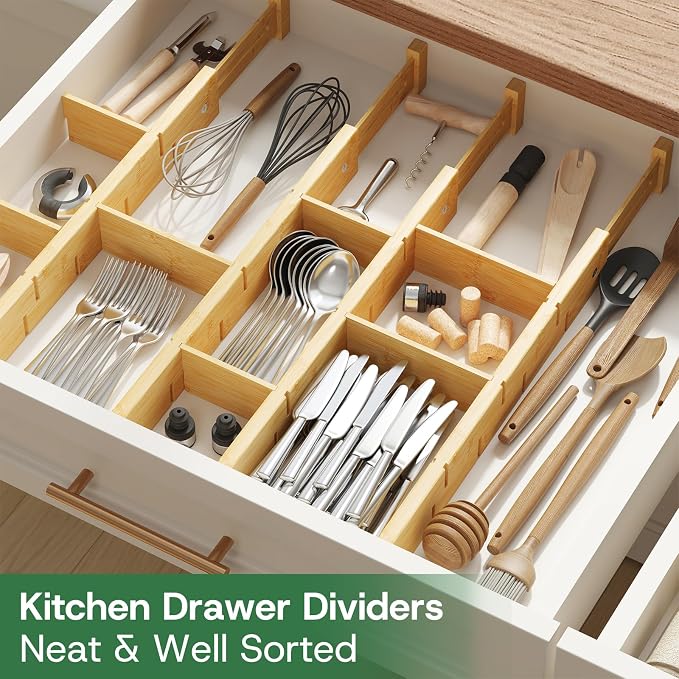 kiplant Kitchen Drawer Dividers - Adjustable Drawer Organizer for Clothes, Kitchen, Closet & Office - 4 Pack with Inserts, 18-22.6 Inches, Non-Slip Silicone Ends