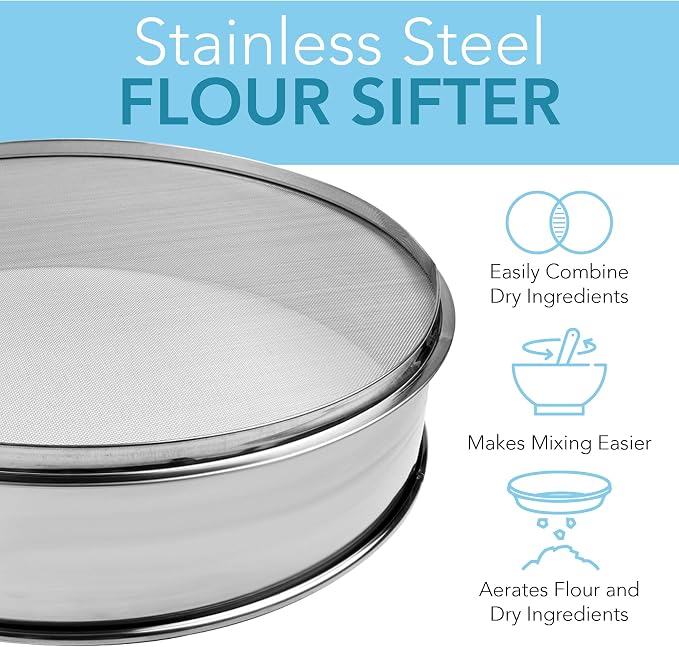 Vollum Stainless Steel Flour Sifter Fine Mesh Round Flour Sieve for Baking 14" Diameter x 2.88" High; 50 Mesh (Hole Size 0.3mm)
