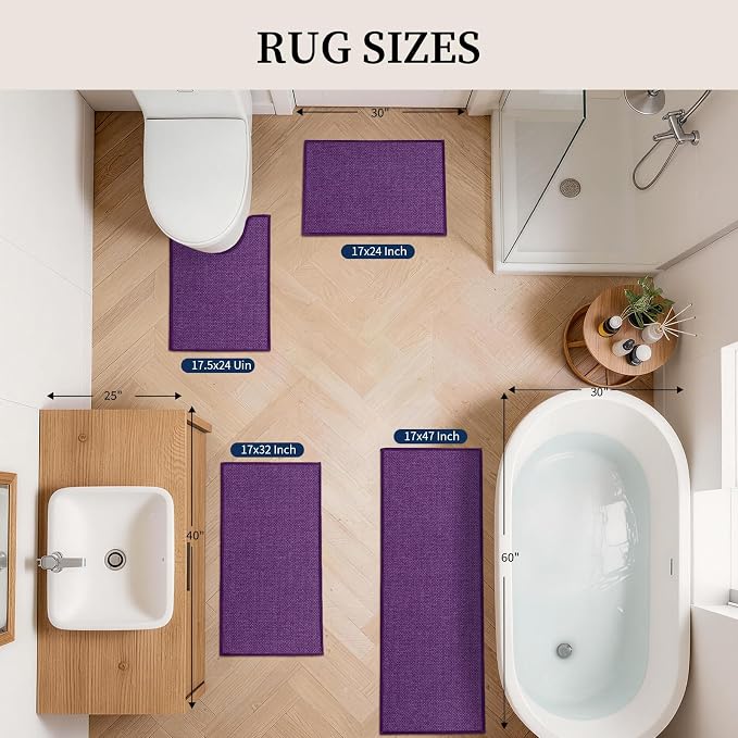 YIHOUSE Purple Bathroom Rugs Sets 4 Piece, Quick Dry Thin Bath Mat with Toilet Rug, Non Slip Absorbent Machine Washable, Bath Runner Rugs for Bathtub Sink Home Decor