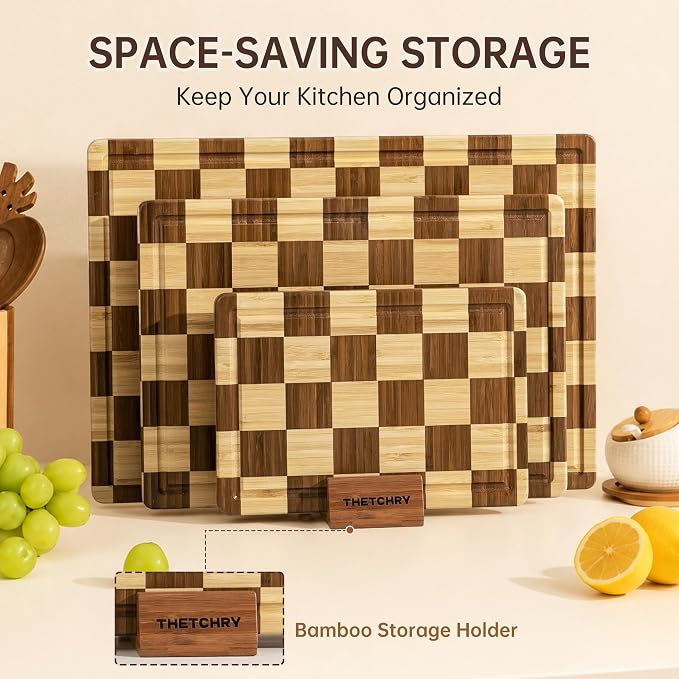 Checkered Cutting Board Set, Bamboo Cutting Board for Kitchen | 3pc, Non-Toxic, with Juice Groove,Wooden Charcuterie Boards, Non Slip Chopping Board, Housewarming Gift