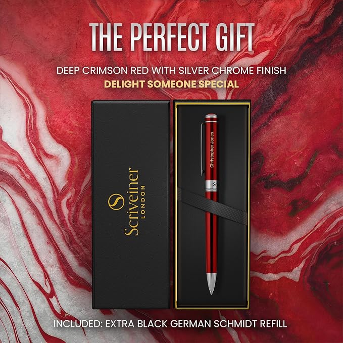 Scriveiner Personalized Deep Crimson Red Ballpoint Pen - Stunning Red Lacquer Luxury Pen with Chrome Finish, Schmidt Ink Refill, Engraved Ball Point Gift Set for Men & Women, Custom Engraving