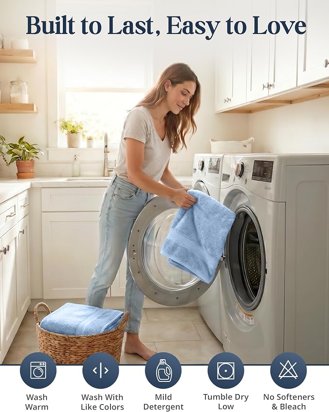 LANE LINEN 100% Cotton Bath Towels 6 Piece Set - Super Soft, Quick Dry & Absorbent - 2 Bath, 2 Washcloths, 2 Hand Towels for Bathroom - Hotel Quality, Minimal Lint after 3 Washes - Cerulean Blue