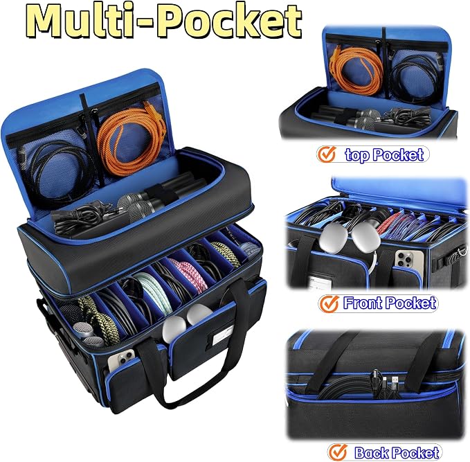 DJ Cable Organizer Bag with Wheels,Soft Gig Bag for DJ Equipment with 9 Detachable Dividers, Medium Padded Soft Storage Case with Multiple Pockets for Microphone, Cord, Headset & Music Accessories