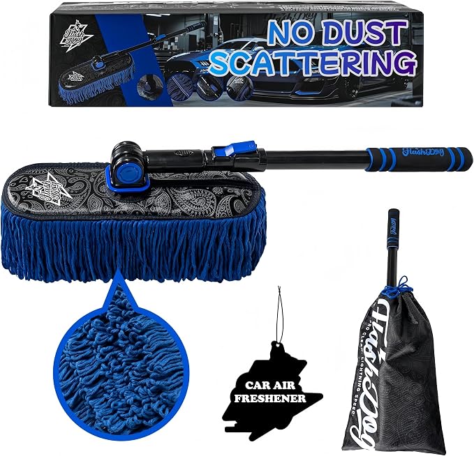 Flash Dog Waterless Car Duster - Wax Cotton Strands 360°Swivel Head & Extendable Aluminum Alloy Handle for Scratch-Free Dusting on Cars, Trucks, SUVs, RVs