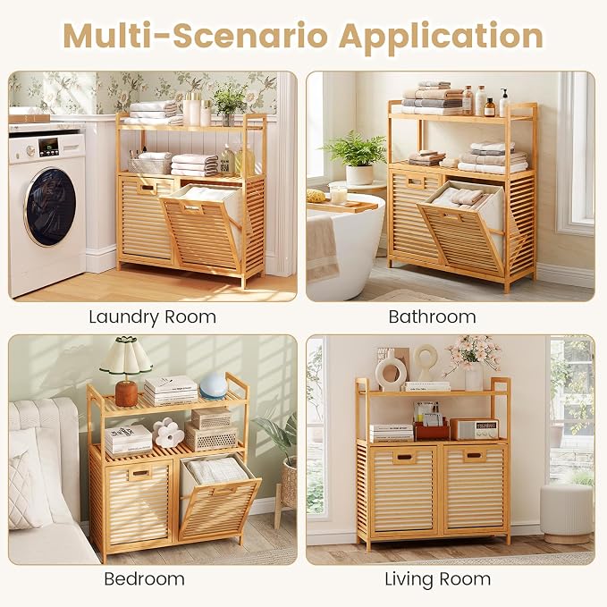Giantex Double Tilt Out Laundry Hamper w/2-Tier Storage Shelf | 14 Gal Bamboo Laundry Storage Cabinet w/Removable Laundry Baskets, Laundry Sorter Organizer for Bathroom Living Room Bedroom