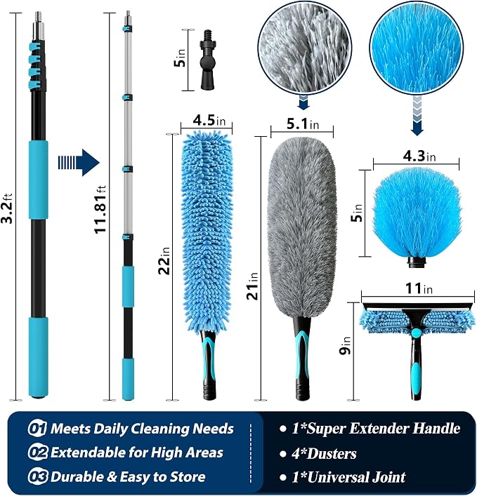COVERONICS 20FT High Duster Cleaning Tools with 3-12FT Extension Poles | Reusable Fan Duster Cleaning Kits with Ceiling Fan Cleaner Duster, Window Squeegee, Microfiber Feather Duster & Cobweb Duster