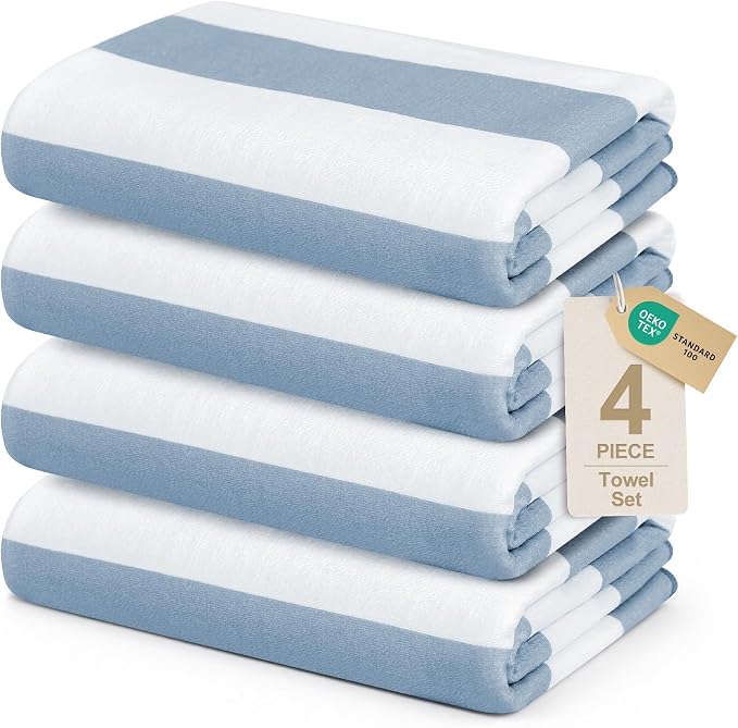 Touchat 4 Pack Beach Towels Stripe Microfiber Beach Towel Sand Free Quick Dry Swim Pool Towels for Adult, 30'' x 60'' Lightweight Travel Bath Towel, Camping | Ultra-Portable, Multi-Functional, Blue