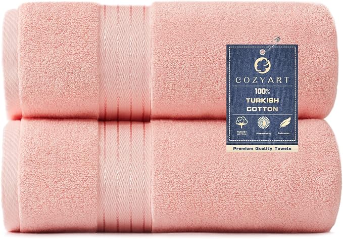 COZYART Luxury Bath Towels 2 PCS, Pink 100% Turkish Cotton 650 GSM | OEKO-Tex 100 Certified Zero Twist Ring Spun, Soft Absorbent Quick Dry, Plush Fluffy, Breathable Hotel Quality for Daily Use