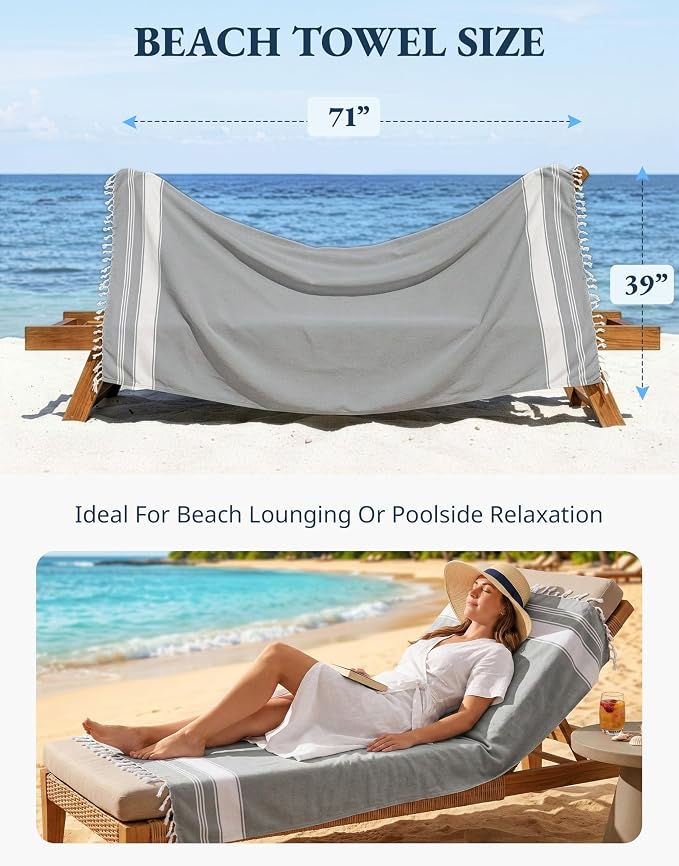 LANE LINEN Turkish Beach Towels 4 Pcs, Super Absorbent, Lightweight - Alloy | Oversized Beach Towel 39"x71" - Durable Sand Free Towel - Absorbent & Quick Dry - Perfect for Pool or Travel, Poolside Ready
