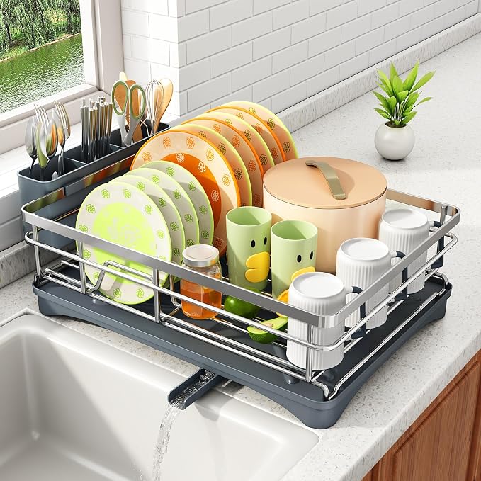 SAYZH Dish Drying Rack for Kitchen Counter with Utensil Holder, Silver | Stainless Steel, Large Capacity, Angled Drainboard, Rotating Spout, Removable to Clean