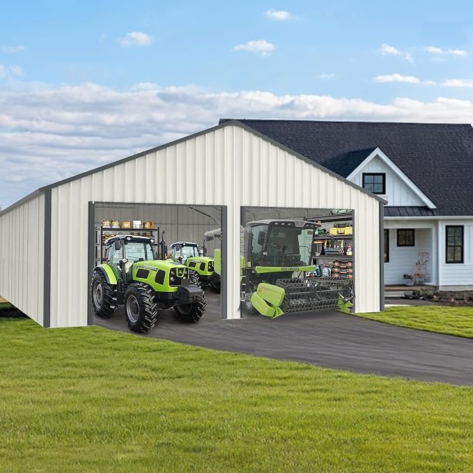 25 x 33 FT Metal Shed, 2 Car Prefab Garage with Side Entry Door, Double Garage Shed with 16 GA Steel Frame, Extra Large Outdoor Storage Building for Truck, Boat, Power Tools, Cream