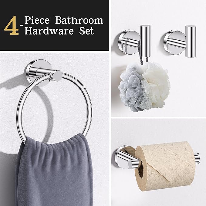 Lairuier Bathroom Hardware Set, 4-Piece Towel Holder Set Include Toilet Paper Holder,Towel Ring and 2 Towel Hooks Stainless Steel Wall Mounted Bathroom Hardware Accessories Set (Polished Chrome)
