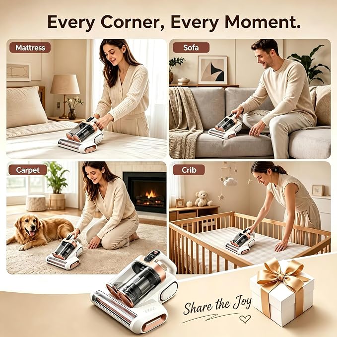 Cordless Mattress Vacuum, Rechargeable Handheld Dust Remover | Strong suction for bed, carpet, sofa, car. Portable for home & dormitory. Rechargeable battery. Lightweight. White.