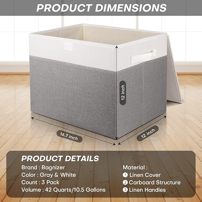 Bagnizer Large 17" 42 Quarts Collapsible Stackable Storage Bins with Lids [3-Pack] Foldable Fabric Linen Storage Boxes Cube, Closet Organizer Baskets with Label (16.7 x 12 x 12, Gray & White)