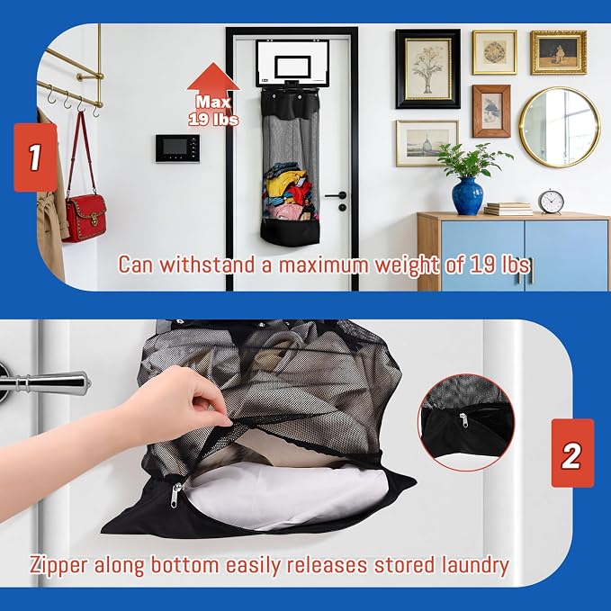 Basketball Hamper, 2-in-1 Wooden Laundry Basket for Boy/Teens/Bedroom | Hanging Dirty Clothes Storage Hamper with Basketball Hoop & Zipper for Space Saving, Over the Door, Dorm Bathroom Use
