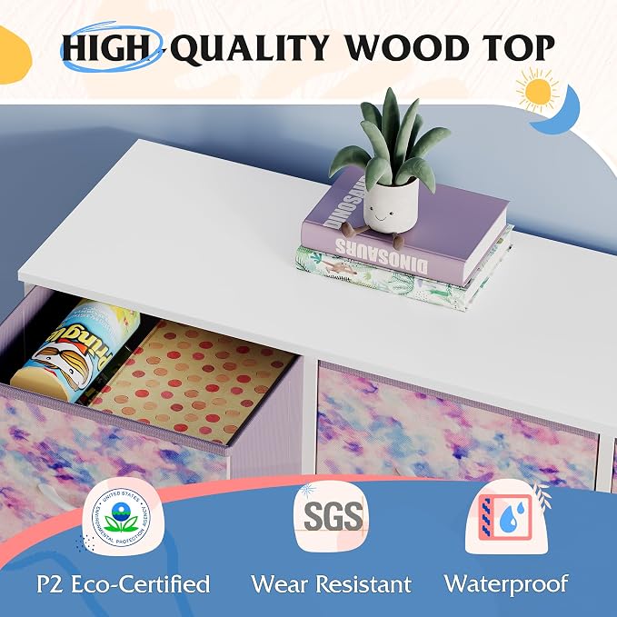 WLIVE 9 Drawer Dresser, Fabric Storage Tower for Bedroom, Hallway, Closet, Tall Chest Organizer Unit for Bedroom with Fabric Bins, Steel Frame, Wood Top, Tie-dye Print (Pink, Purple, Blue)