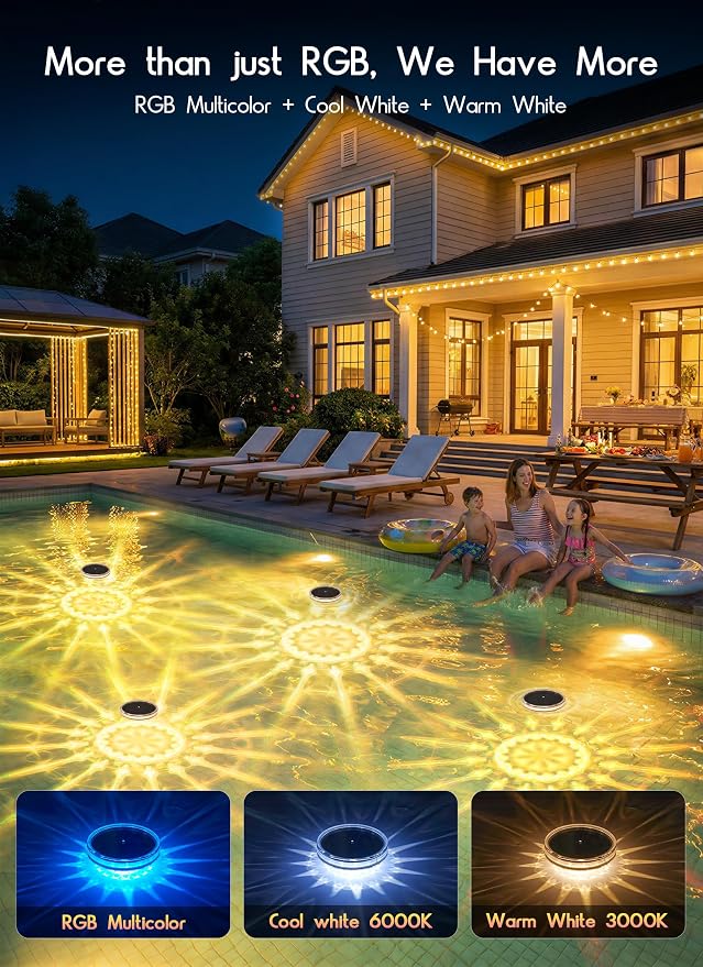 Solar Floating Pool Lights 1 Pack, Remote Control RGBWW 12 Lighting Modes | 3 Dimming & Timing IP68 Waterproof, Floating Solar Pool Lights for Above Ground Pools Inground Pool Accessories
