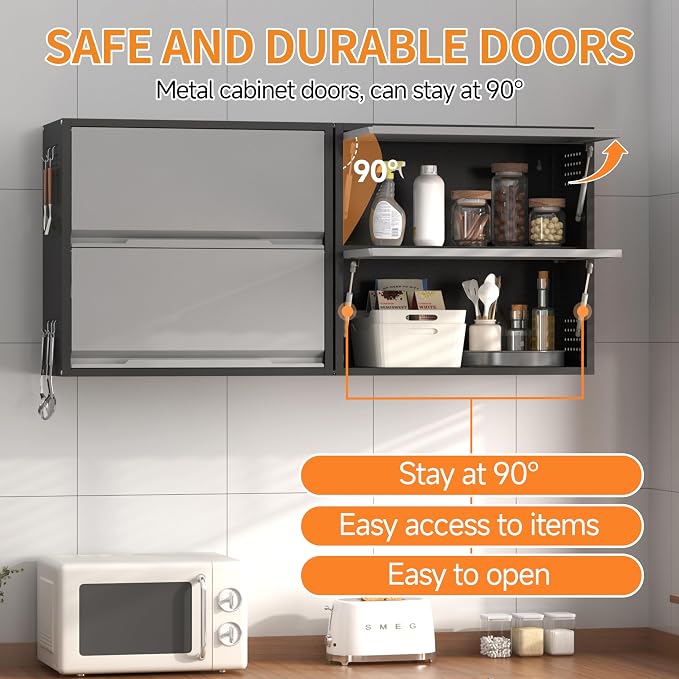 Metal Garage Wall Cabinet with Up-Flip Door, Black Float Tool Cabenit with 2 Doors,Upper Storage Cabinets with Pegboard for Kitchen,Garage,Workshop,Warehouse (25.6" H,Black&Gray)
