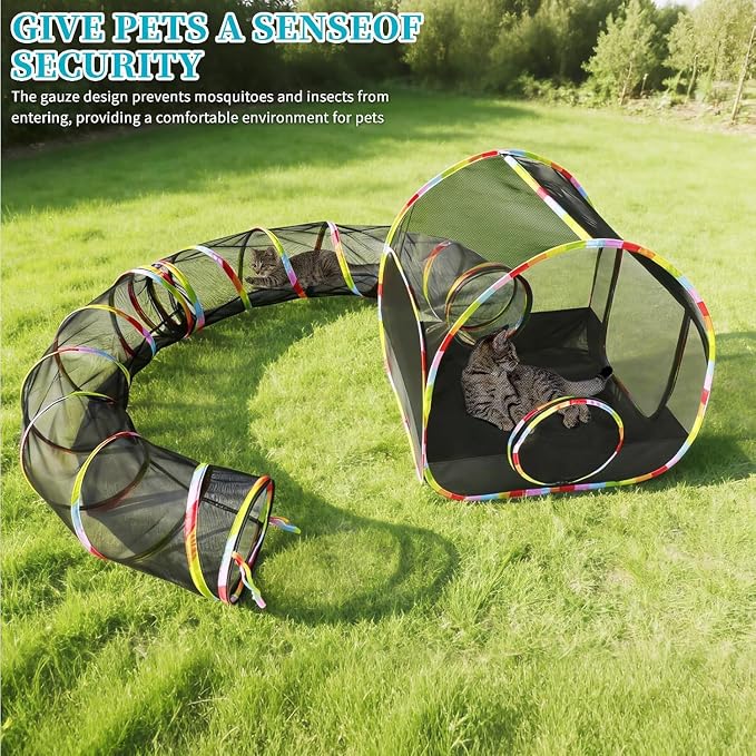 Outdoor Cat Enclosure 2-in-1, Extra Large Pop Up Cat Tent with 134" Tunnel for Indoor Cats, Expandable Foldable Cat Playpen for Backyard Camping, Fits Rabbits & Small Animals,1-Min Setup