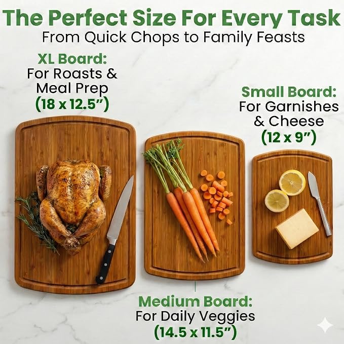 Greener Chef Luxury Bamboo Cutting Board 3-Piece Set with Carbonized Vertical Grain Strength Technology - Extra Large Wooden Cutting Boards for Kitchen with Deep Juice Grooves - Lifetime Replacements