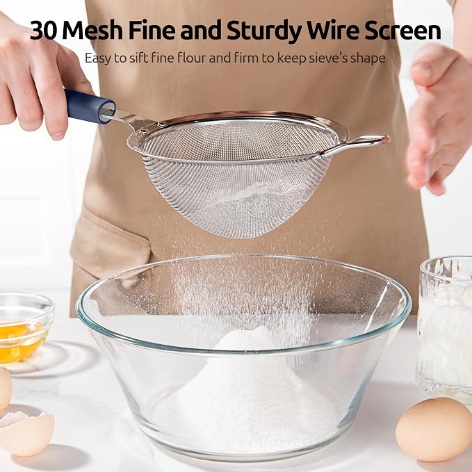 U-Taste 18/8 Stainless Steel Measuring Cups and Spoons (Set of 12, Midnight Blue), and Fine Mesh Strainer with Sturdy Riveted Silicone Handle and Strong Frame (Midnight Blue)