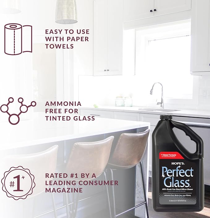HOPE'S Perfect Glass Cleaner Spray Refill, Streak-Free, Ammonia-Free Window, Mirror, Screen, Tinted Glass, and Shower Door Cleaner, Indoor and Outdoor Glass Surfaces, 67.6 Ounce, Pack of 2