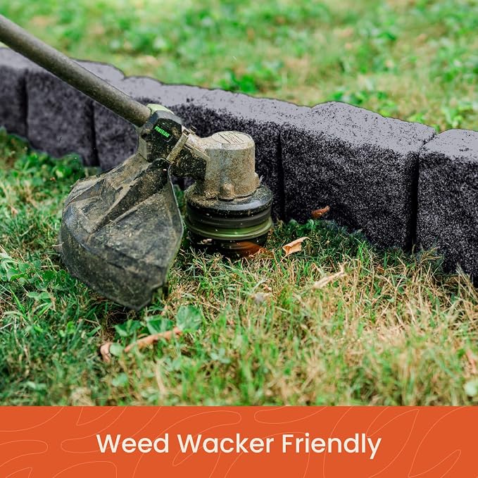 Landscape Edging | Garden Edging Border | Polyrock Blocks for Lawn Edging, Flower Beds & Yard Edging – 4 Pack | Each Section Has 6 Blocks 48" L x 4" W x 6.5" H | 8 Spikes | Charcoal