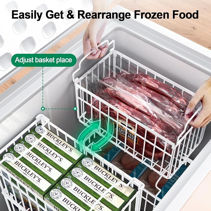 Freezer Organizer Bins, 6 Pack Big Baskets for 5/ 7 Cu.FT Deep Freezer | Stackable Chest Freezer Organizer Bins, Foldable Baskets with Handles, White Storage Container Baskets for Sort Frozen Meats