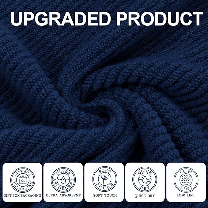 VOOVA & MOVAS Bath Towels 4PC, 100% Cotton, 30x56 in, Navy Blue | Quick Dry, Thick, Soft, Absorbent, Luxury Shower Towel Set For Bathroom, Towel Gift Set