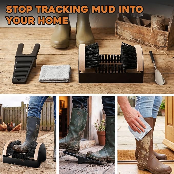 4Pcs Outdoor Heavy Duty Boot Brush Scrubber Boot Jack Shoe Cleaner Scraper Brush with Shoe Horn Cleaning Cloth(Style A)