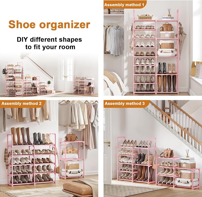 WOWLIVE 9 Tiers Large Shoe Rack White Shoe Rack Organizer for Closet 50-55 Pairs Stackable Heavy Duty Shoe Shelf Shoe Storage with Metal Pipes Plastic Pink