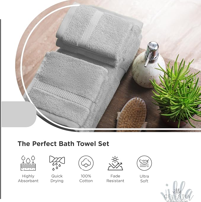 Villa Celestia 24-Piece 100% Cotton Towel Set, 6 Bath Towels, 6 Hand Towels, 12 Wash Cloth, Quick-Dry, Silver