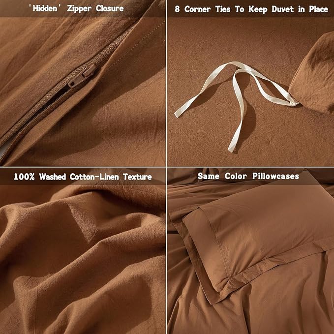 100% Washed Cotton Dark Orange Duvet Cover Oversize Queen Size Bedding Set Cover 1 Duvet Cover with Zipper Closure Plus 2 Pillowcases, 98inch x 98inch