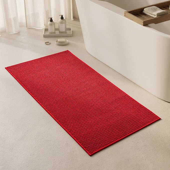 Triohero Bathroom Rugs Non Slip Washable, Super Absorbent Thin Bath Mat Quick Dry Low Pile Bathroom Rug, Red 24"x47"